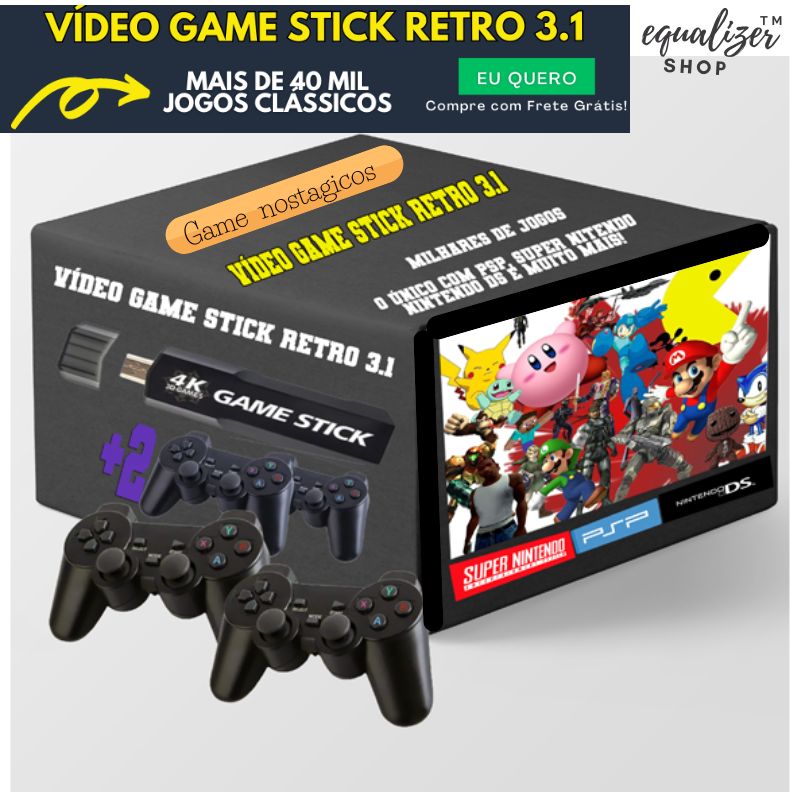 Vídeo Game Stick Retro 3.1 + 10.000 Jogos + 2 Controles Sem Fio