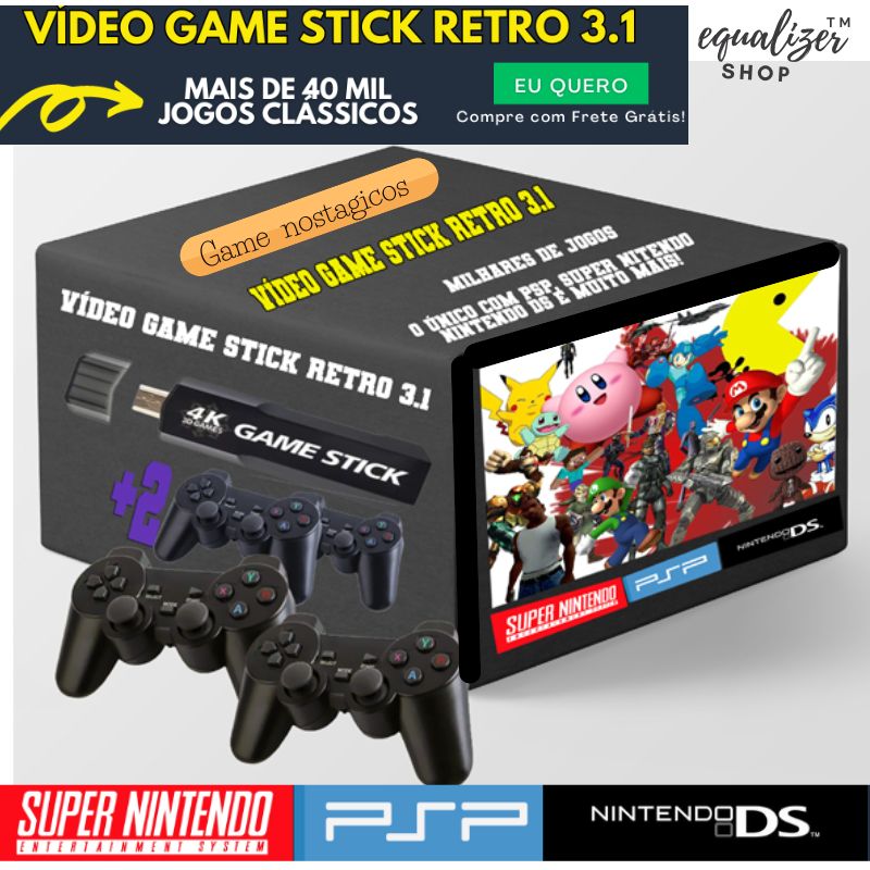 Vídeo Game Stick Retro 3.1 + 10.000 Jogos + 2 Controles Sem Fio